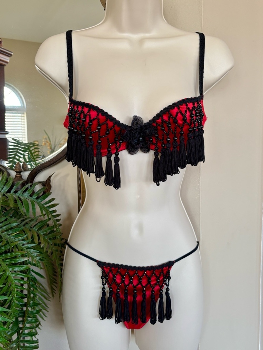 Chantal Thomass for Victoria's Secret Red Satin Bra Thong Set Black Bead Tassels